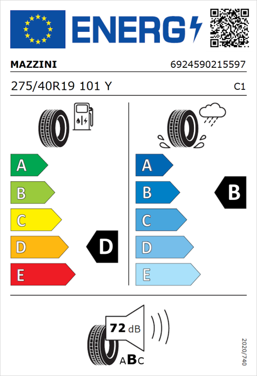 Tyre Label for Mazzini Varenna S01 275/40R19 101Y