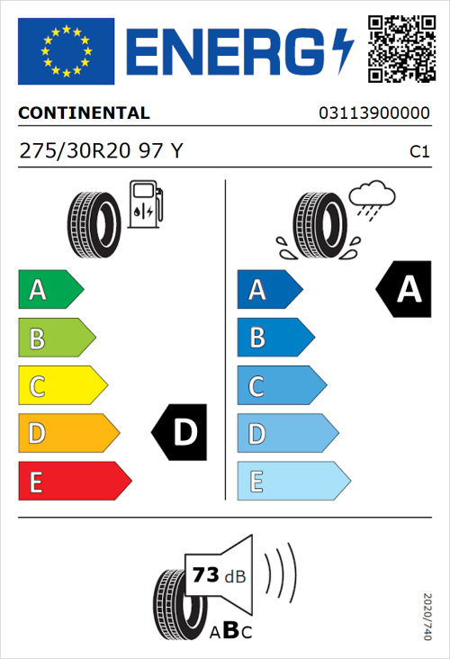 Tyre Label for Continental SportContact 7 275/30R20 97Y
